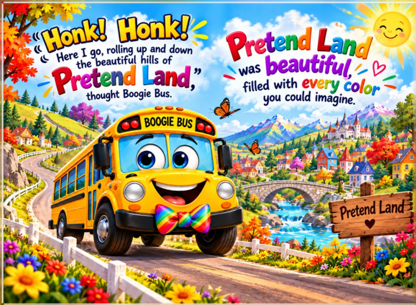 The real Boogie Bus smiling beside a winding road into colorful Pretend Land